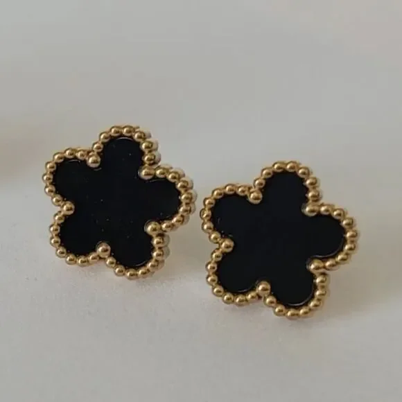 Gold-tone Black Floral Stainless Steel Earring Studs - Picture 1 of 1